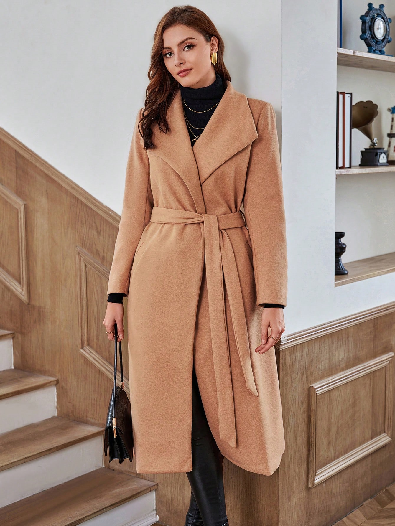Waterfall Collar Slant Pocket Belted Overcoat