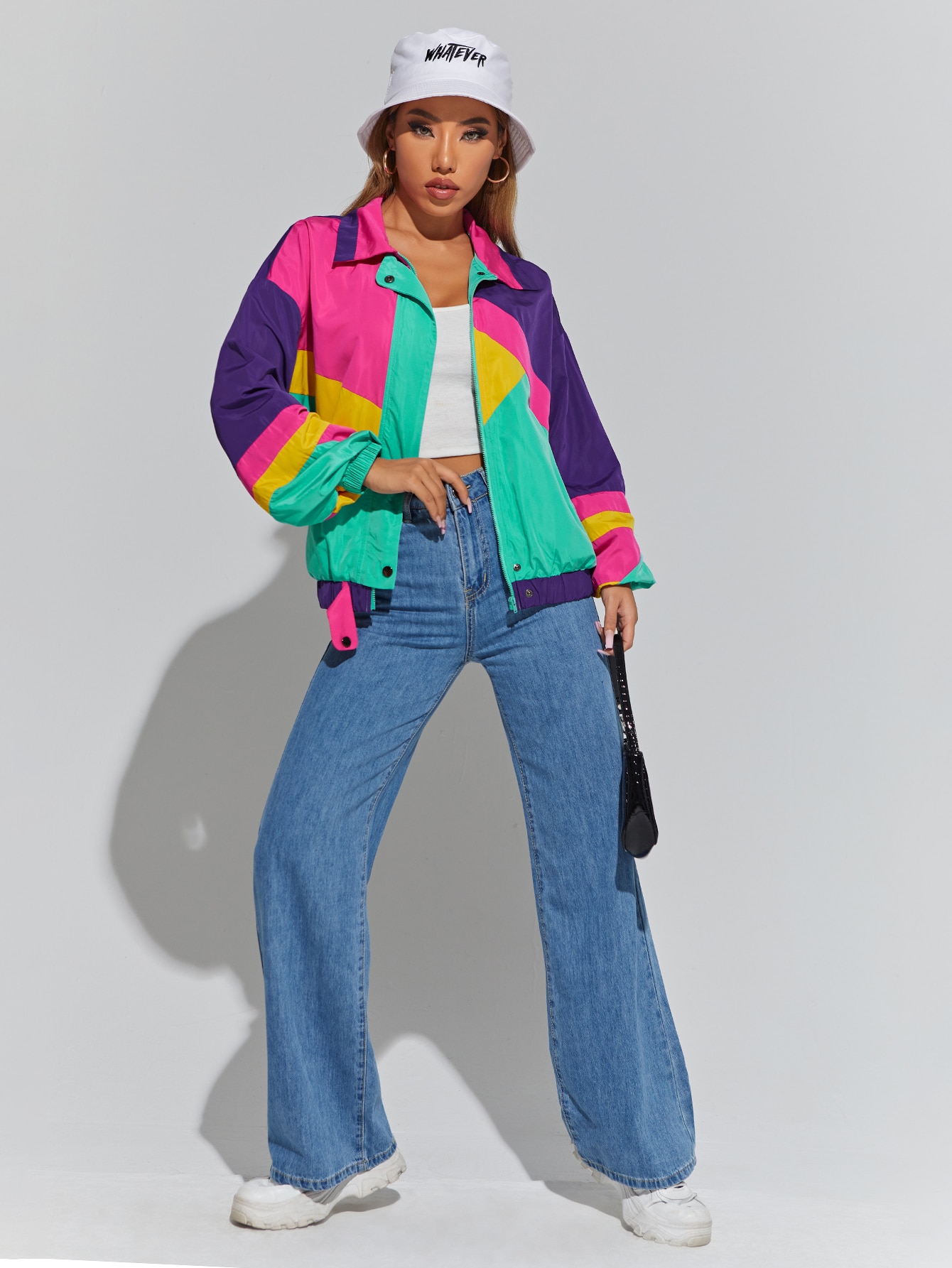 Color Block Drop Shoulder Zipper Jacket